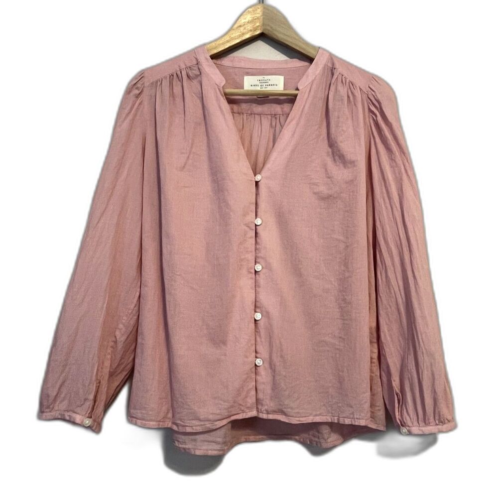 Trovata Birds of Paradis Blouse Medium Pink Checked Boho Peasant Cotton Capsule